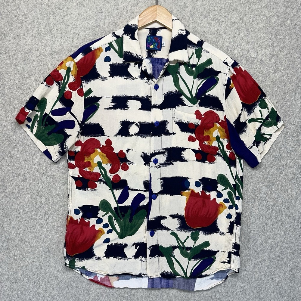 Vintage Jams World Surreal Floral Shirt Mens Small Abstract Button Up USA